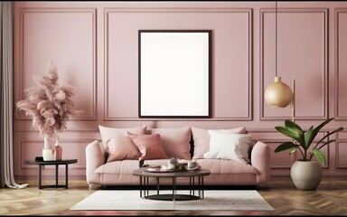 Mockup poster frame on the wall of living room. pink wall of living room, Luxurious apartment background with contemporary design. Modern interior design. 3D render, 3D illustration, photo, 3d render