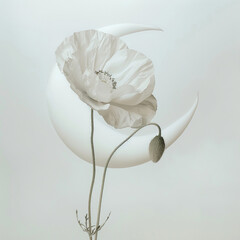 the charming poppy and the moon in a minimalist still life portrait.