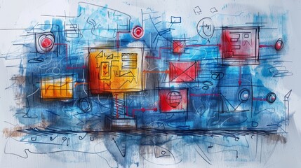 A painting of a colorful abstract cityscape with a blue background and various shapes and symbols.