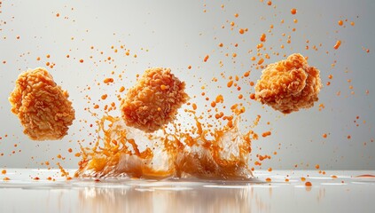 An advertising shot depicting three chicken fillets dropping from the sky with breaded meat in between them, with different sizes and colors, chicken necks flying around