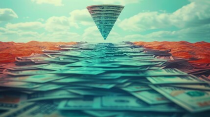 A photo of a large funnel hovering over a sea of money.