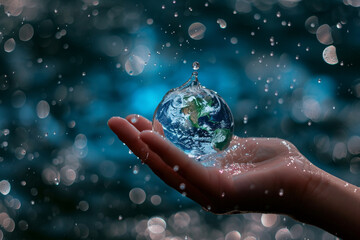 A hand lifting a water drop against the cosmos Earth visible within symbolizing global responsibility 