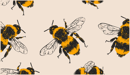 vector illustration of black and yellow bugs flying puffy bumblebees or bees in a spring and summer insects concept, seamless pattern background,  Insects, nature, whimsical, cute, vibrant.
