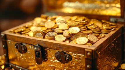 An open wooden treasure chest filled with gold coins.