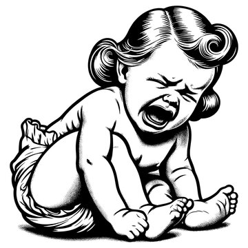 recommend clip art: intense emotion of a crying baby, with detailed expression and classic styling sketch engraving generative ai fictional character PNG illustration. Scratch board imitation. Black and white image.