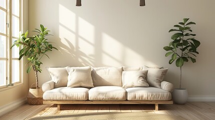 A warm and inviting corner of a living room with a cozy beige sofa bathed in natural sunlight beside a window with indoor plants