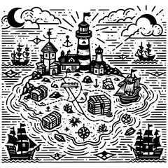 Naklejka premium classic pirate treasure map featuring sailing ships, palm trees, and compass roses sketch engraving generative ai PNG illustration. Scratch board imitation. Black and white image.