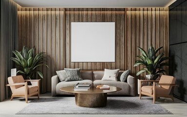 Fototapeta premium Frame mockup, ISO A paper size. Living room wall poster mockup. Interior mockup with house background. Modern interior design. 3D render, photo, 3d render, stock photo, stock images 