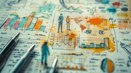 A watercolor painting of a business plan with two people standing on it.