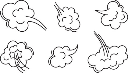 Fototapeta premium Fart cloud line icon, smoke poof doodle whoosh, motion comic breath, air bubble, steam puff, dust or flatulence, cartoon smell pop, cute gas set outline design. Aroma vector illustration