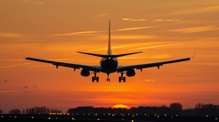 A stunning sunset silhouette of a passenger jet landing against an orange sky, embodying the romance and excitement of travel.