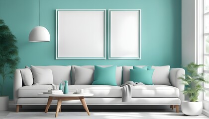 3 vary sizes Frame mockup, ISO A paper size. torquise Living room wall poster mockup. Interior mockup with house background. Modern interior design. 3D render, photo, 3d render

