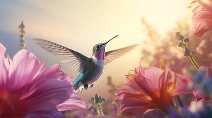 Hummingbird flying to pick up nectar from a beautiful flower.
