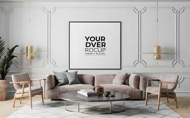 mock up poster frame in modern interior background, living room, Contemporary style, 3D render, 3D illustration, photo