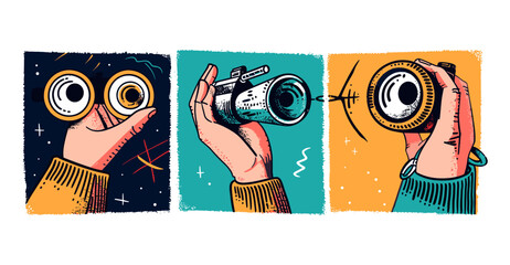 Hand drawn vector illustration of human hands with binoculars, magnifying glass, spyglass telescope searching, finding, web surfing, looking for opportunities concept Exploration, discovery, investige - obrazy, fototapety, plakaty