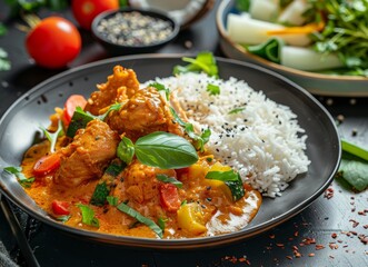 Delicious Spicy Chicken Curry Served with Rice and Vegetables