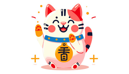 Hand drawn Vector illustration of Cute asian cat Maneki Neko. Funny character. Talisman, amulet, luck symbol, fortune, success, prosperity concept.  Wealth, Japanese culture, cat figurine, traditional