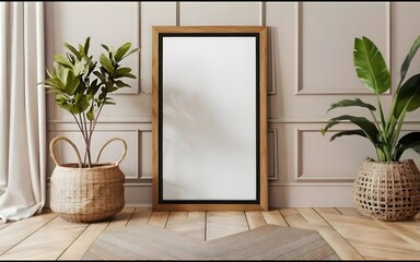 Single vertical ISO A1 frame mockup, mockup poster on the floor of living room. Interior mockup. Apartment background. Modern interior design. 3D render, photo, 3d render
