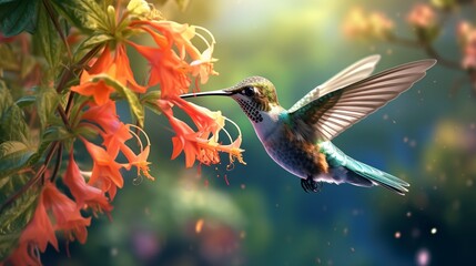 Hummingbird flying to pick up nectar from a beautiful flower.