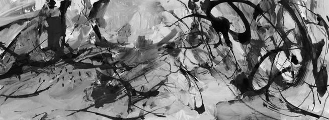 Art ink Watercolor, Acrylic smear blot brushstroke painting wall. Abstract texture black and white color stain horozontal wallpaper background.