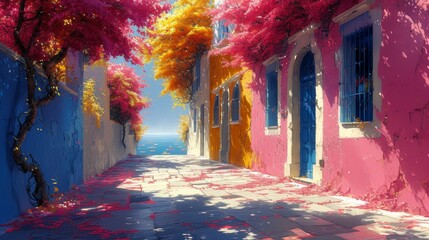 Colorful alley with blooming pink and orange trees by the sea