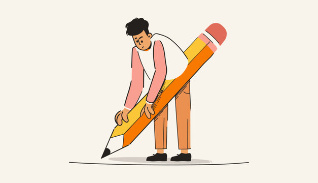 recommend clip art: Cute funny isolated character. Cartoon style. Hand drawn Vector illustration. Man with a large Pencil. Young person holding big pencil. Drawing, writing, creating, design, blogging concept. Art.