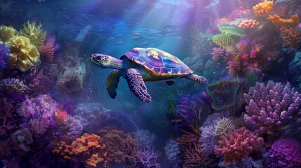 A surreal underwater scene with a tortoise gracefully swimming among colorful coral reefs.
