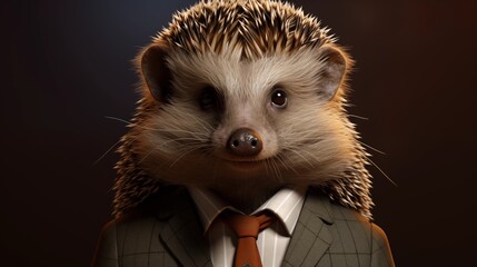 illustration anthropomorphic portrait of cute young hedgehog in suit.