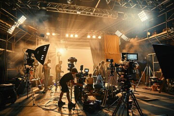 A group of people are working on a film set with a lot of lights and equipment