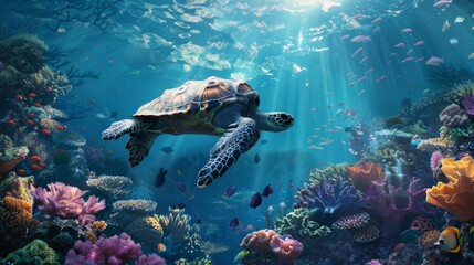 A surreal underwater scene with a tortoise gracefully swimming among colorful coral reefs.