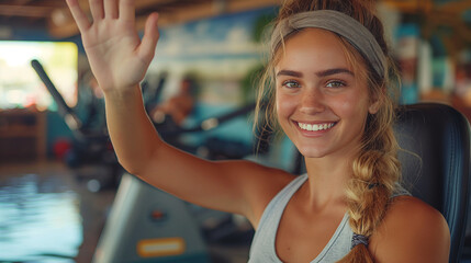 Happy athlete giving high-five to her personal trainer after exercising on rowing machine at gym