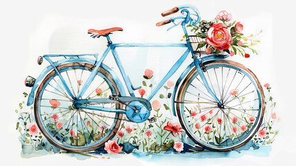 Watercolor illustration of blue bike with summer flower in the basket