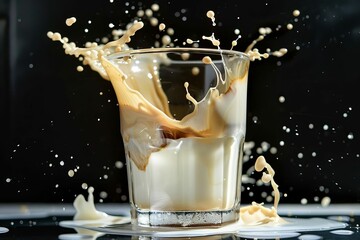 dynamic coffee and milk splash in glass liquid photography