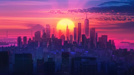 Fototapeta premium A symphony of colors as the sun sets behind a cluster of skyscrapers, casting a warm glow over the city skyline and urban landscape.