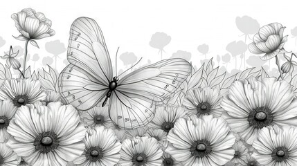   A monochrome image portrays a flower arrangement with a butterfly perched atop, centering the frame