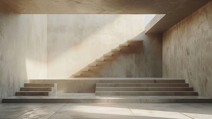 An image of a staircase with a large concrete wall in the background. The staircase has a light wood finish, and the walls are a light grey color. There is a large window at the top of the staircase,