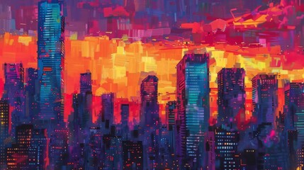 A symphony of colors as the sun sets behind a cluster of skyscrapers, casting a warm glow over the city skyline and urban landscape.