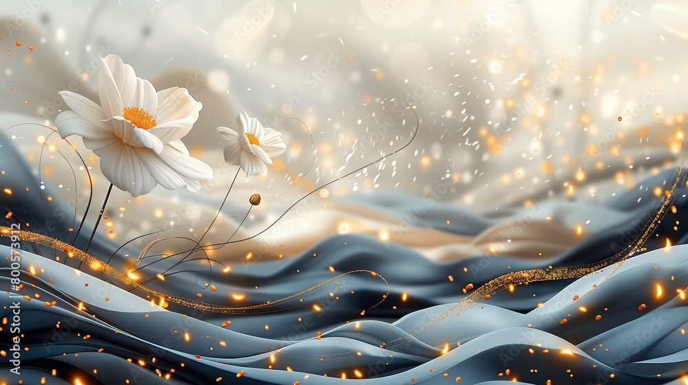 Poster   Two white flowers float in the air above a glistening body of water in a golden-sparkled foreground