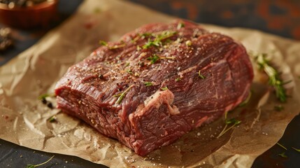 A raw, seasoned beef steak sprinkled with herbs and spices is prepared to be cooked, displaying freshness and quality