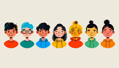 Trendy modern art. Portraits of diverse young people. Cute funny characters. Cartoon, minimal, abstract contemporary style. Round avatar, icon, logo templates. Hand drawn Vector isolated illustrations