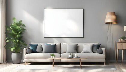 Mockup poster frame on the wall of living room. Luxurious apartment background with contemporary design. Modern interior design. 3D render, 3D illustration, photo, 3d render