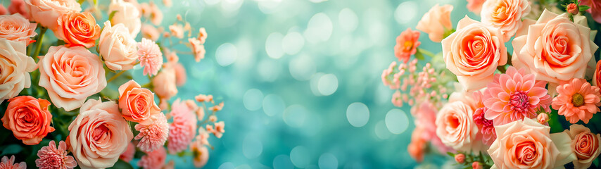 Obraz premium Delicate roses and blooms in soft shades of pink, coral, and cream float ethereally against a tranquil teal backdrop, creating a dreamlike floral display