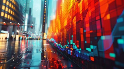 City street with glowing futuristic stock market graph