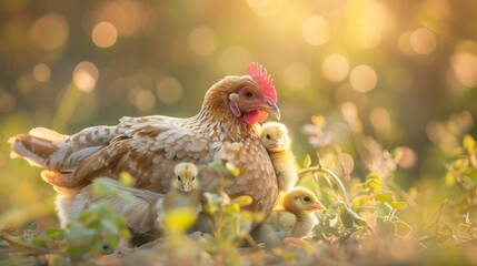 A tender moment captured as a mother hen lovingly shelters her chicks under her protective wings, providing comfort and safety.