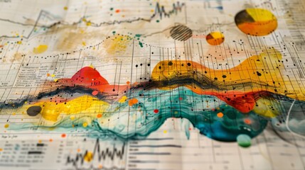 Colorful watercolor painting of a landscape with mountains, circles, and a river.