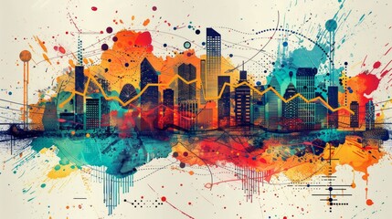 colorful watercolor painting of a city skyline with splashes of paint