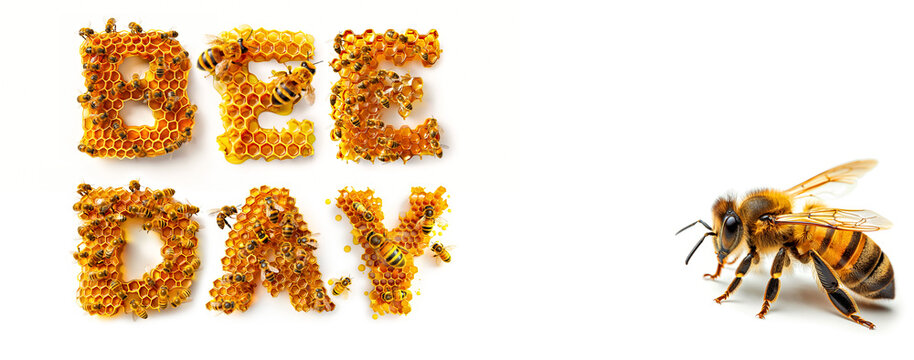 Honey bees are hovering over a honeycomb that spells out the  word "BEE day". May 20, World bee day concept
