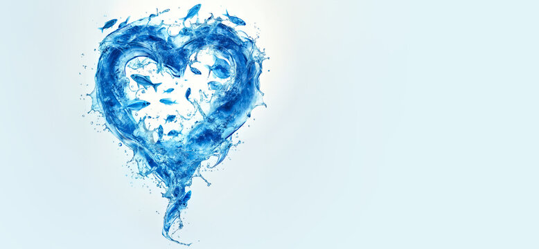 A heart-shaped formation of water is filled with blue fish, creating an artwork of love and marine elegance in a monochromatic blue