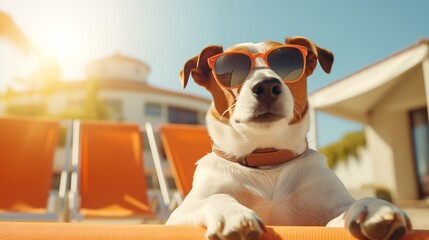 jack russell terrier dog with sunglasses sunbathing on sun lounger. - Powered by Adobe