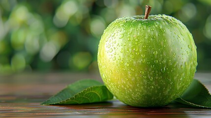 a green apple with water droplets on it sitting on a table
